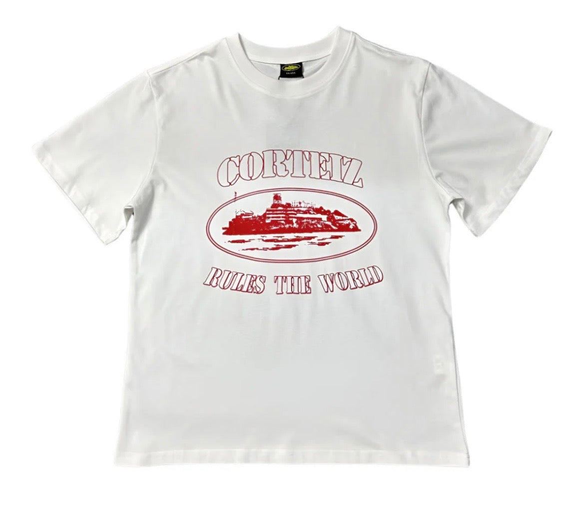 CORTEIZ RULES THE WORLD RED LOGO T SHIRT WHITE